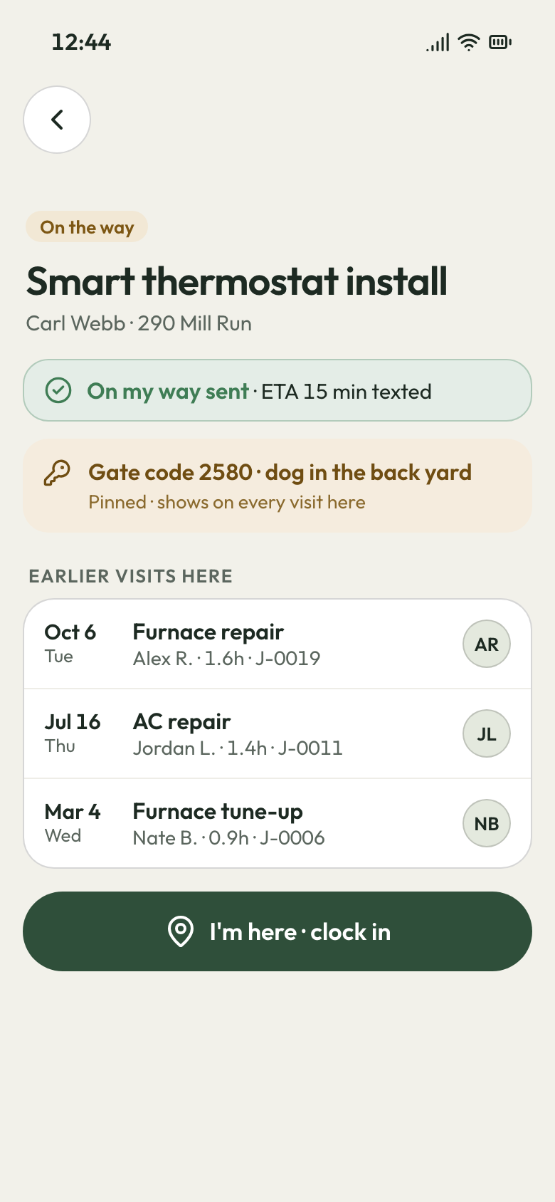 Crew phone app on a rental: pinned gate code and the earlier visits there, with the date, the work and who did it