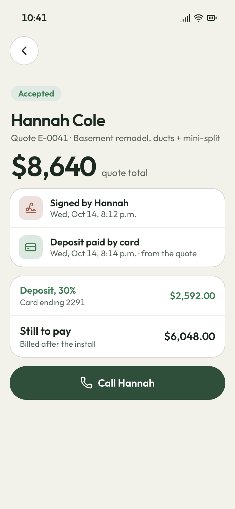Phone showing an $8,640 remodel quote accepted, signed, its 30% deposit paid by card and $6,048 still to pay.