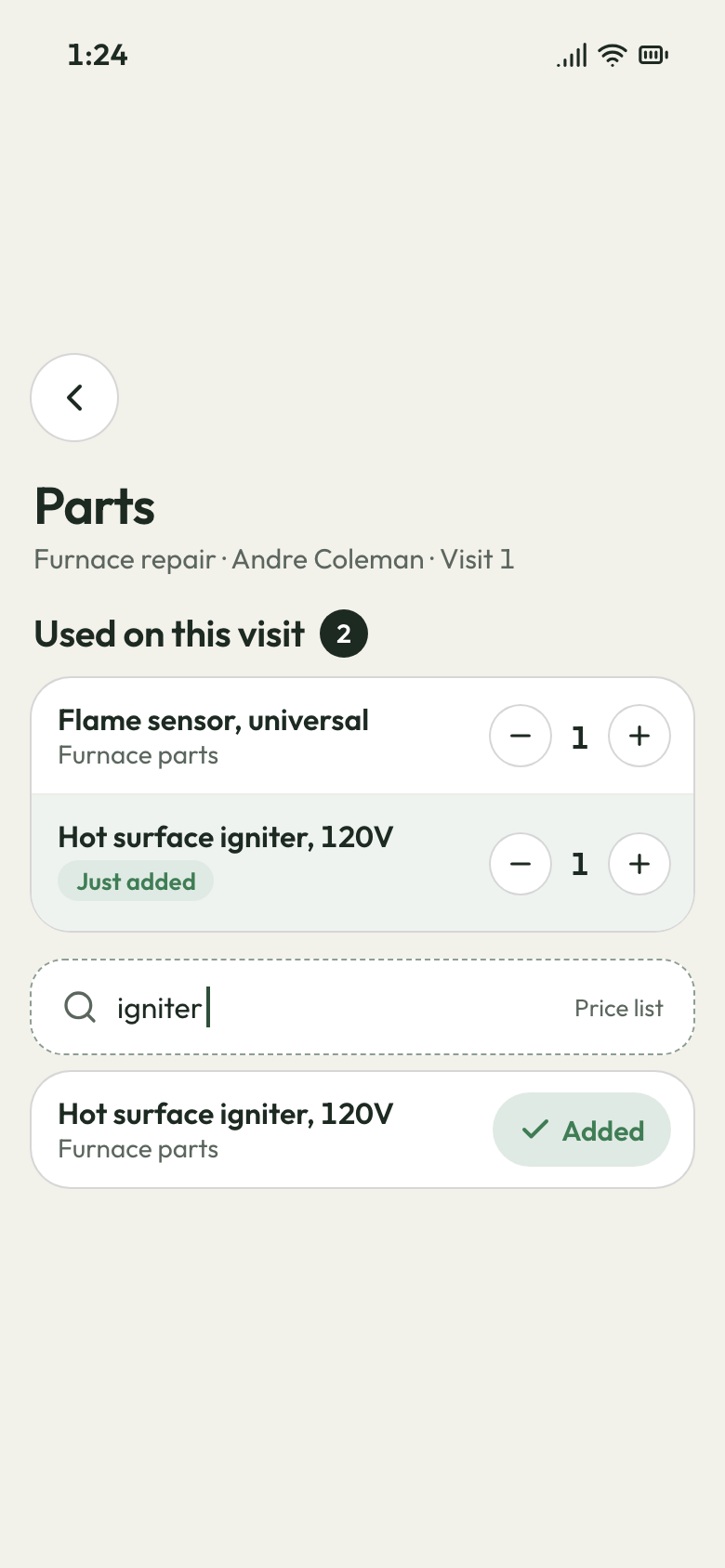 A tech's phone listing the parts used on a visit, with a price-list search and a hot surface igniter just added.