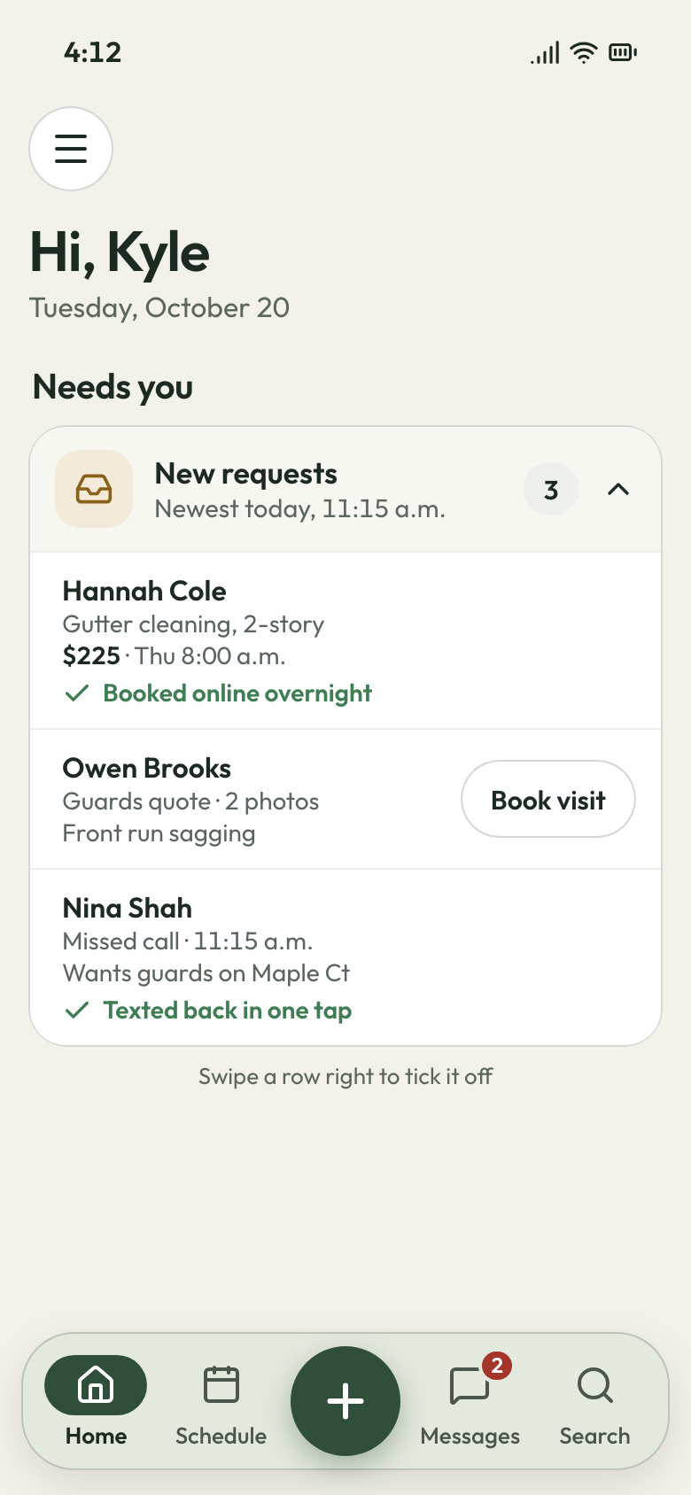 JobsiteBooked phone app: new requests, a gutter cleaning booked online overnight and a missed call texted back