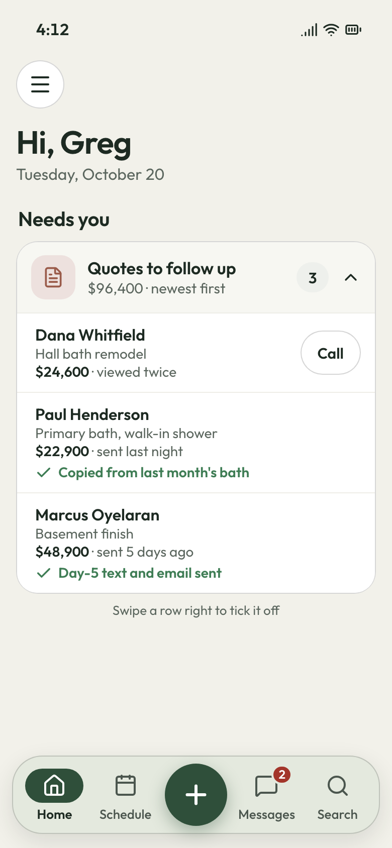 JobsiteBooked phone app: quotes to follow up, a bath quote copied from last month's and day-5 follow-ups sent