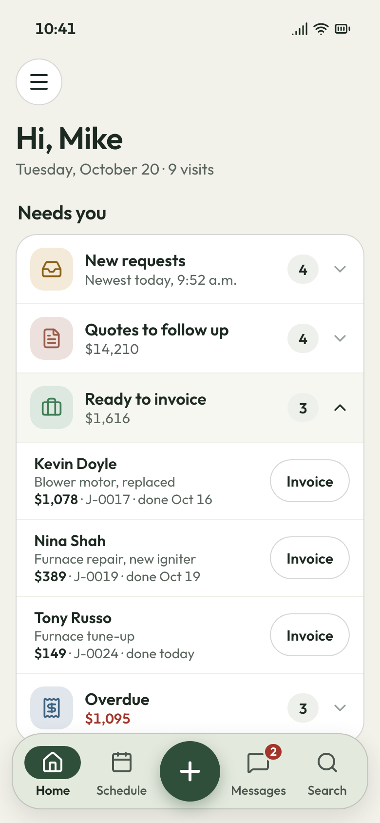Owner's phone showing finished jobs ready to invoice, each with its total and an Invoice button.