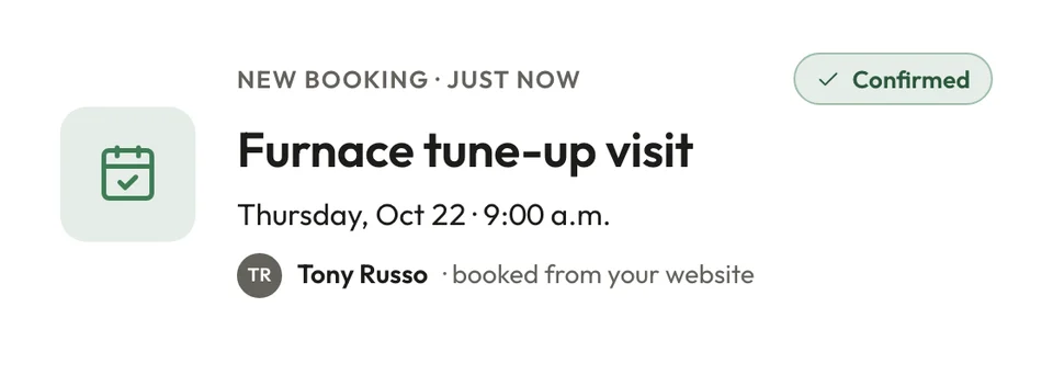 New booking card in JobsiteBooked: a furnace tune-up confirmed for Thursday at 9:00 a.m., booked from the website.