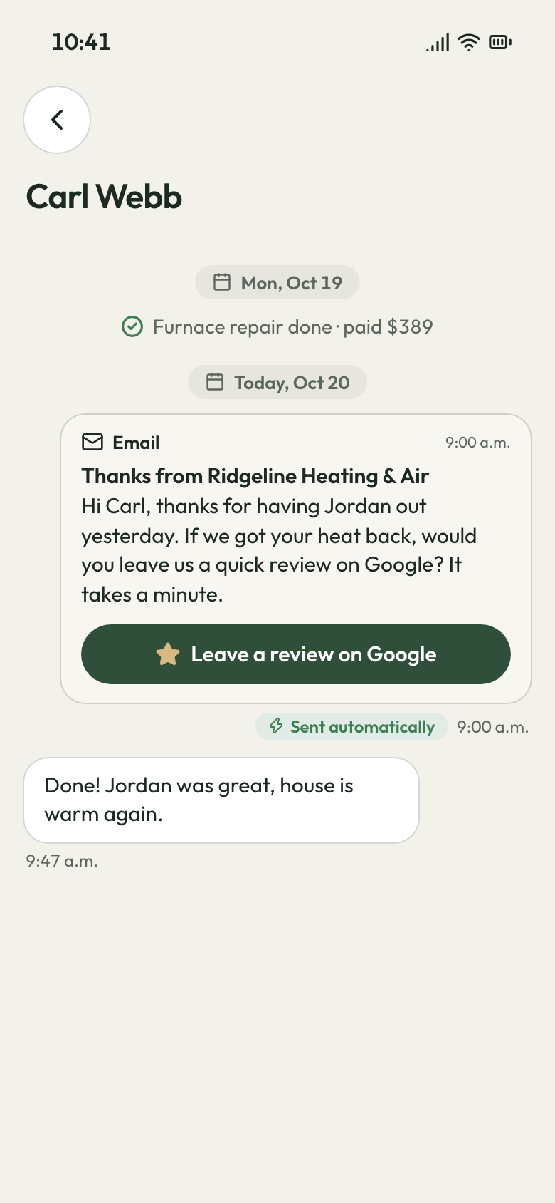 A client's message thread with the automatic thank-you email sent the day after the job, with a Google review button.