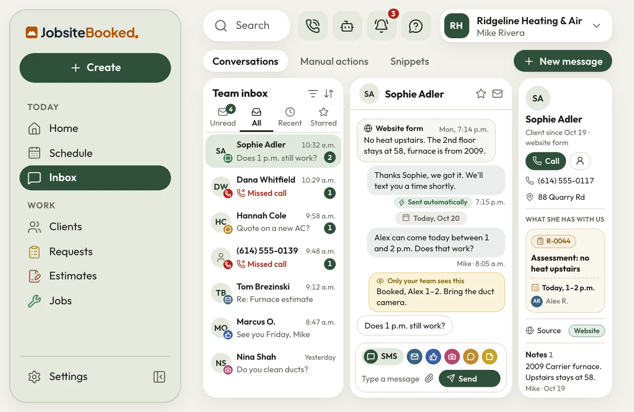 JobsiteBooked Inbox: texts, chat, email, Facebook and missed calls in one list, a customer's thread and her client card