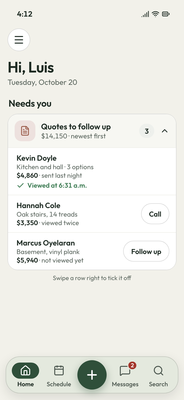 JobsiteBooked phone app: quotes to follow up, last night's 3-option quote viewed at 6:31 a.m., one viewed twice