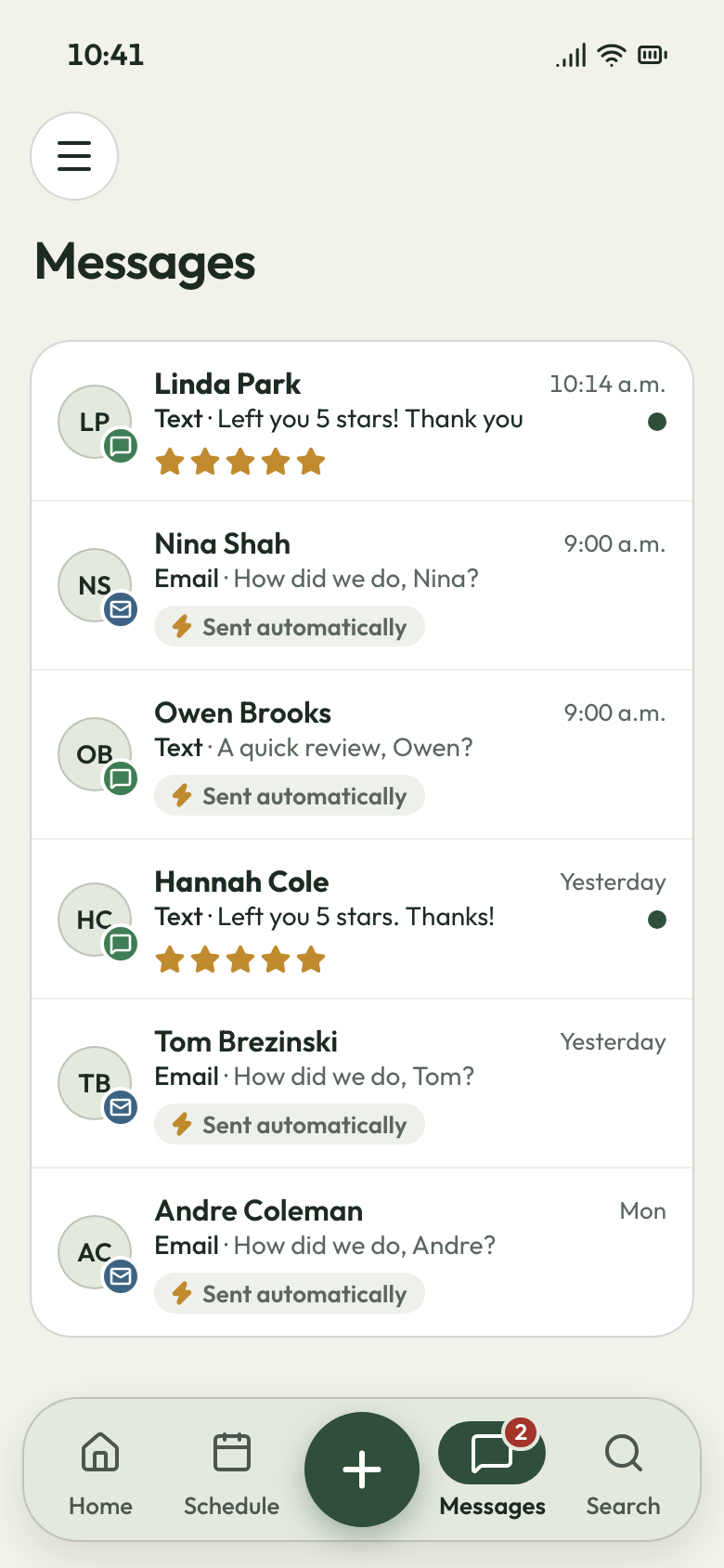Phone Messages list of review requests marked Sent automatically, and two customers replying they left 5 stars