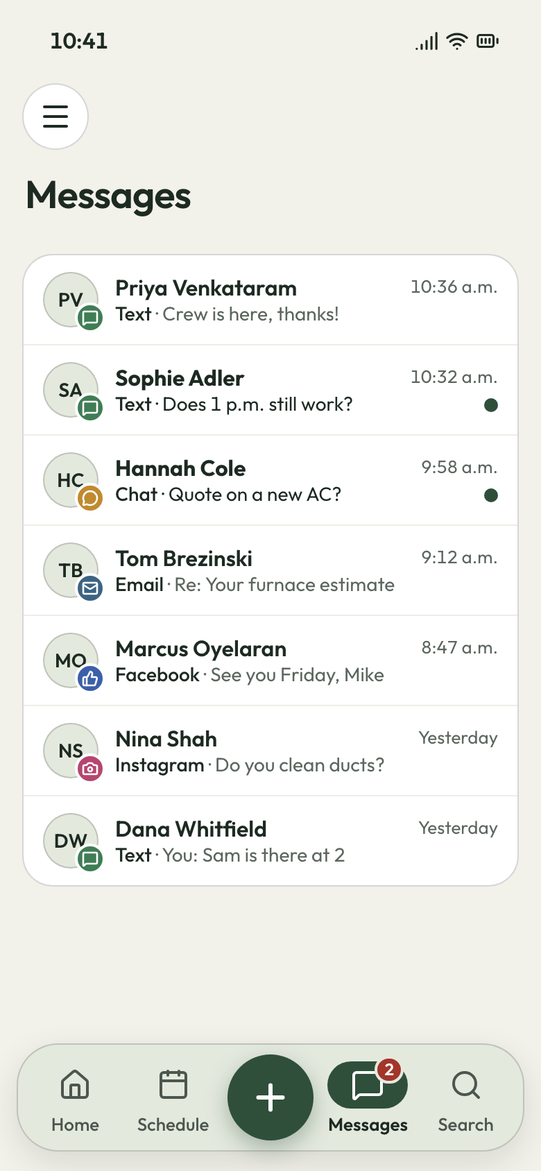 Phone Messages list, newest first, with texts, an email, a web chat, a Facebook and an Instagram message in one list