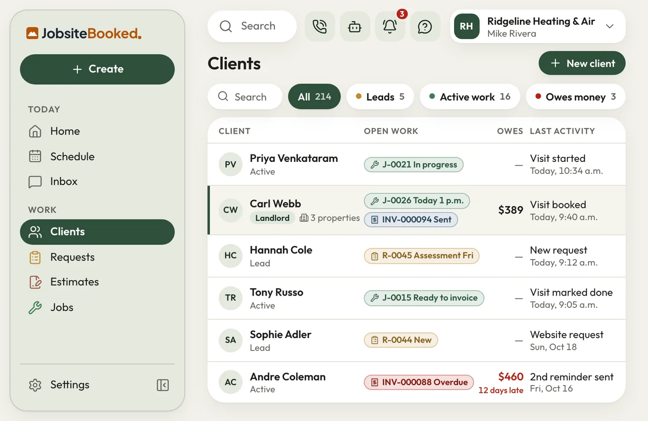 Client list with filters, open work, what each client owes and last activity; landlord Carl Webb shows 3 properties