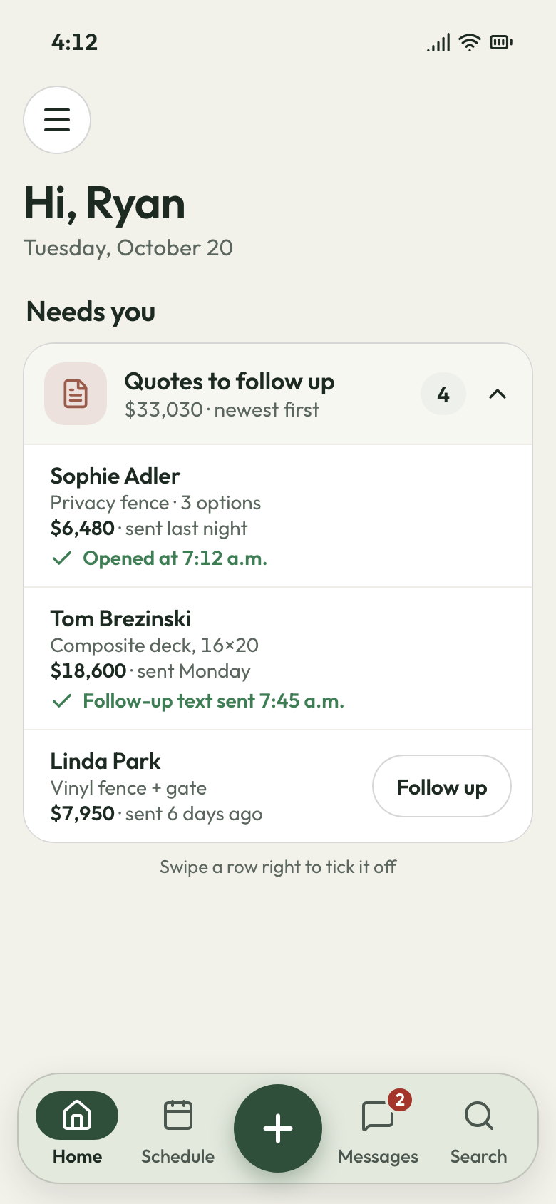 JobsiteBooked phone app: quotes to follow up, the 3-option fence quote opened this morning and a follow-up text sent