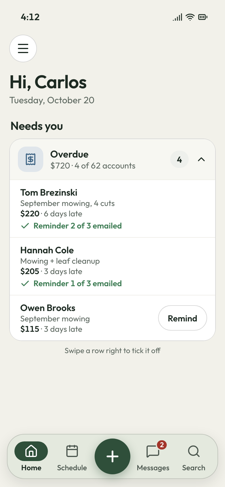 JobsiteBooked phone app: overdue accounts, $720 across 4 of 62, with reminder emails already sent