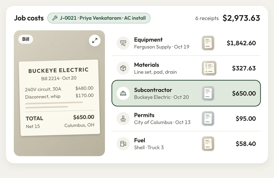 One AC install's costs grouped by category, each with its receipt photo, the electrician's $650 bill open beside them.