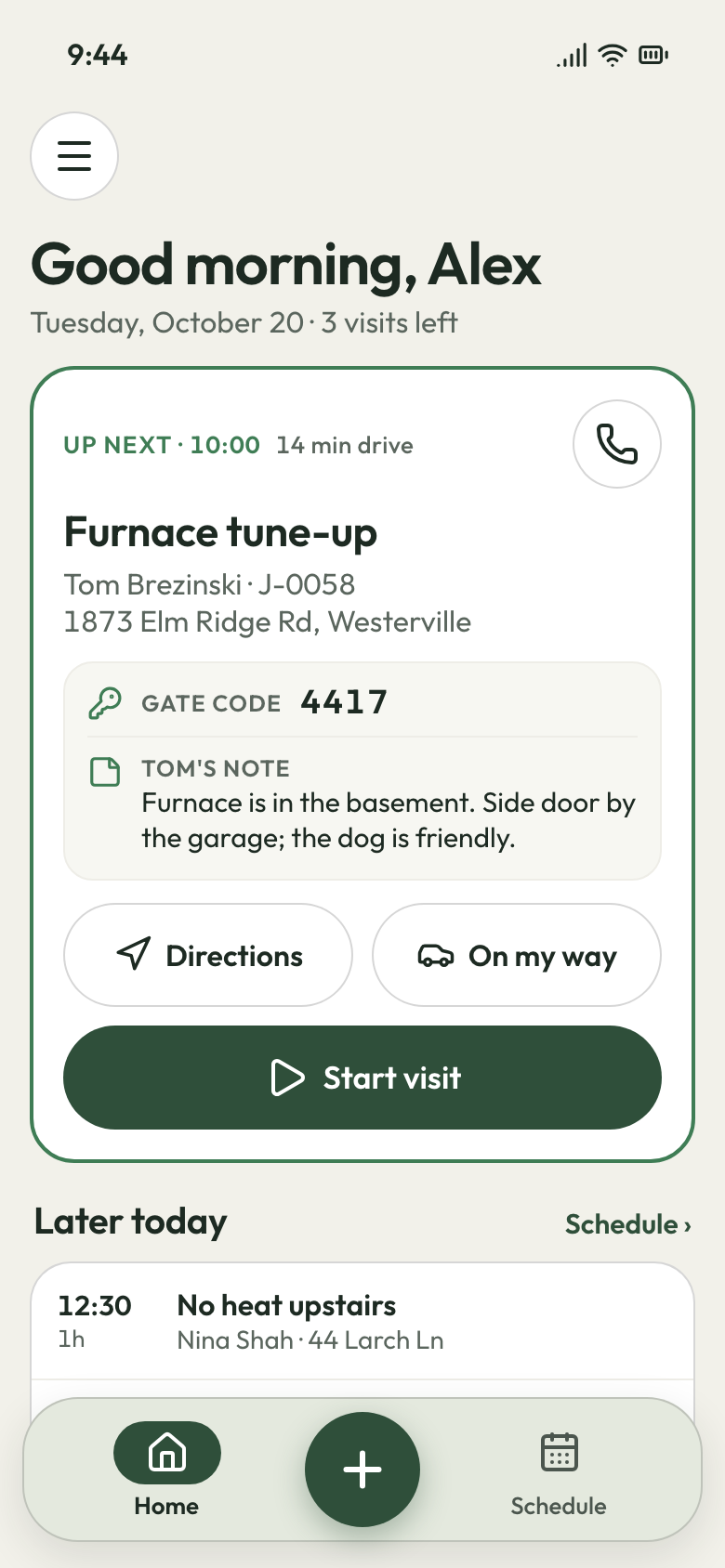 Crew app home screen: Alex's next visit, a furnace tune-up, with the address, gate code and the customer's note