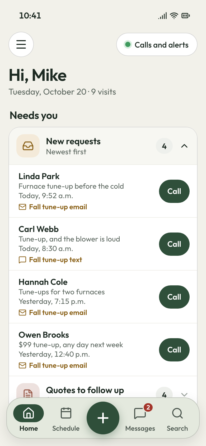 New requests open on the JobsiteBooked phone app, each from the fall tune-up email or text, with a Call button