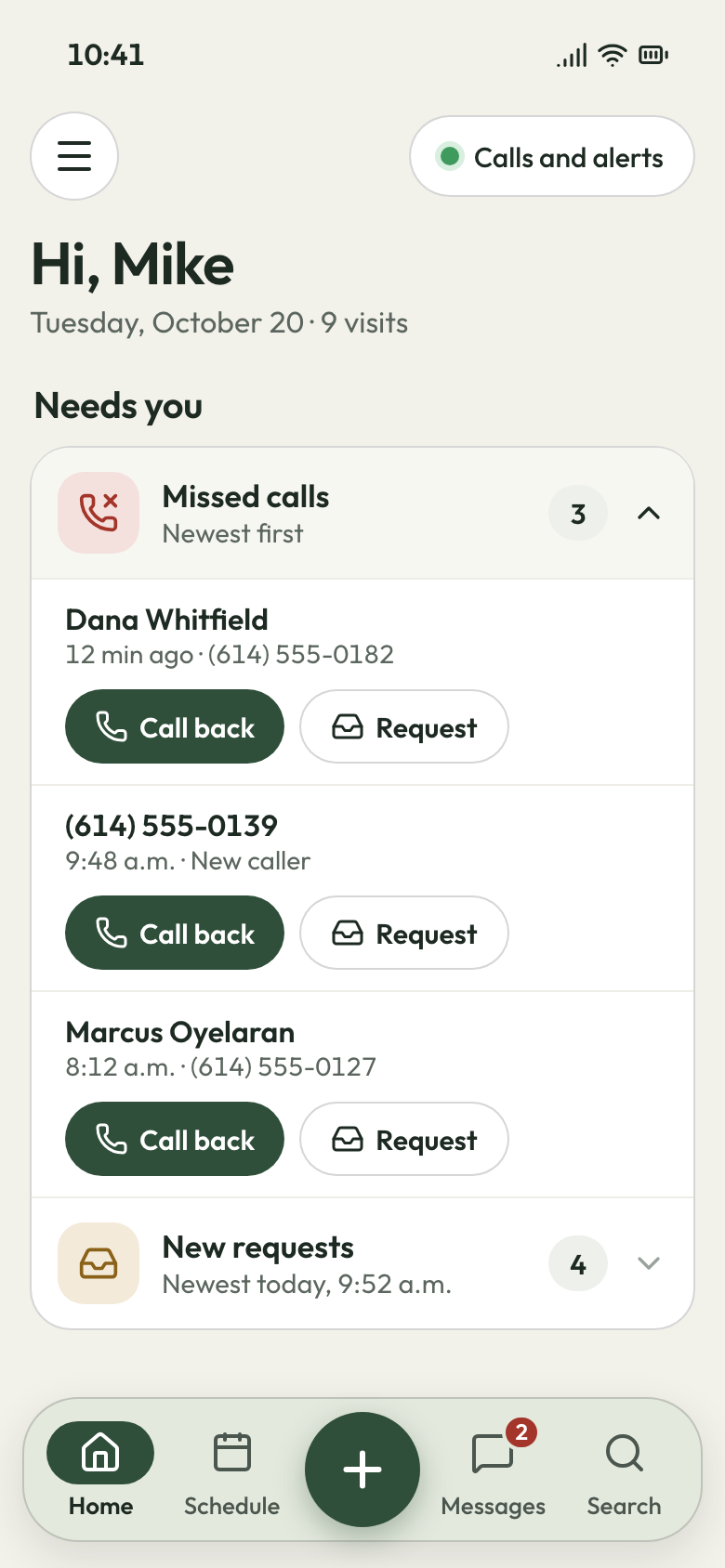 Missed calls open on the JobsiteBooked phone app's Home, each caller with Call back and Request buttons