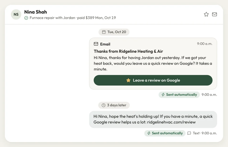 A customer's thread: the thank-you email asking for a Google review, then one text 3 days later, both sent automatically