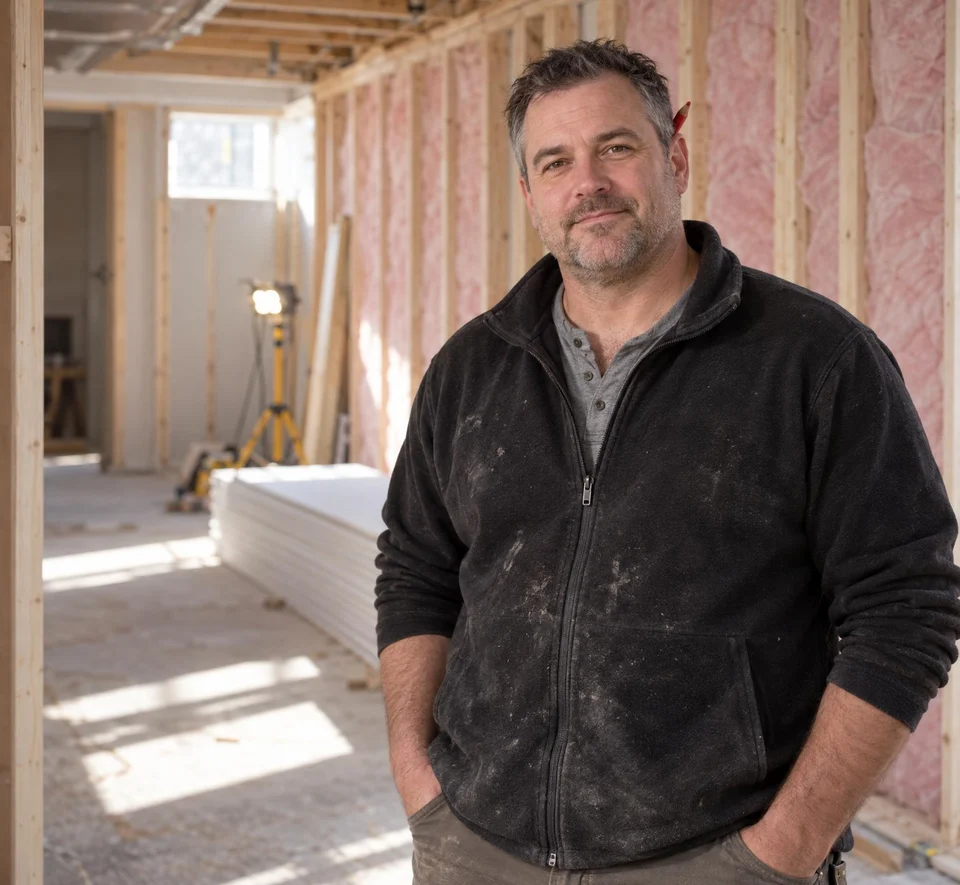 Remodeling contractor in a basement he is finishing, new framing and insulation behind him