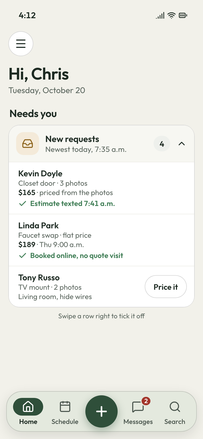 JobsiteBooked phone app: new requests priced from photos, a closet door estimate texted and a faucet swap booked online