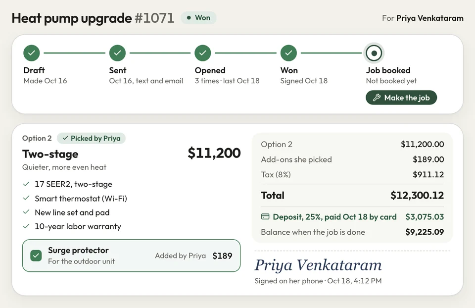 A won estimate: status track at Won, the option she picked, her signature and a 25% deposit paid by card
