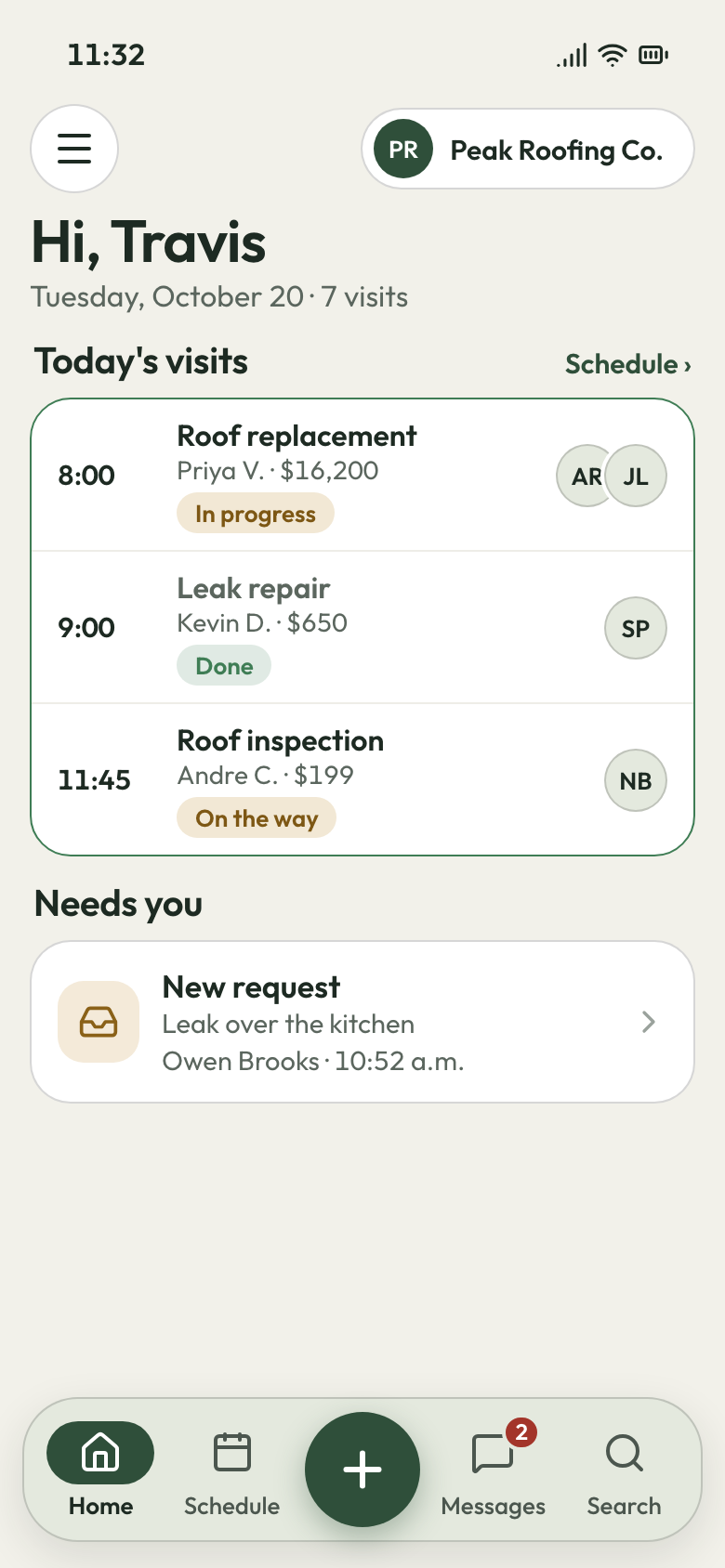 Peak Roofing Co. app on a phone: roof replacement under way, leak repair done, roof inspection next