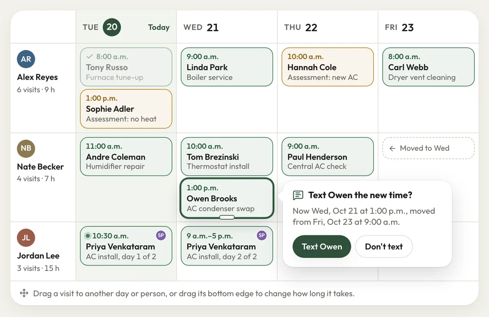 A visit dragged to another day on the JobsiteBooked schedule, with a prompt to text the customer the new time.
