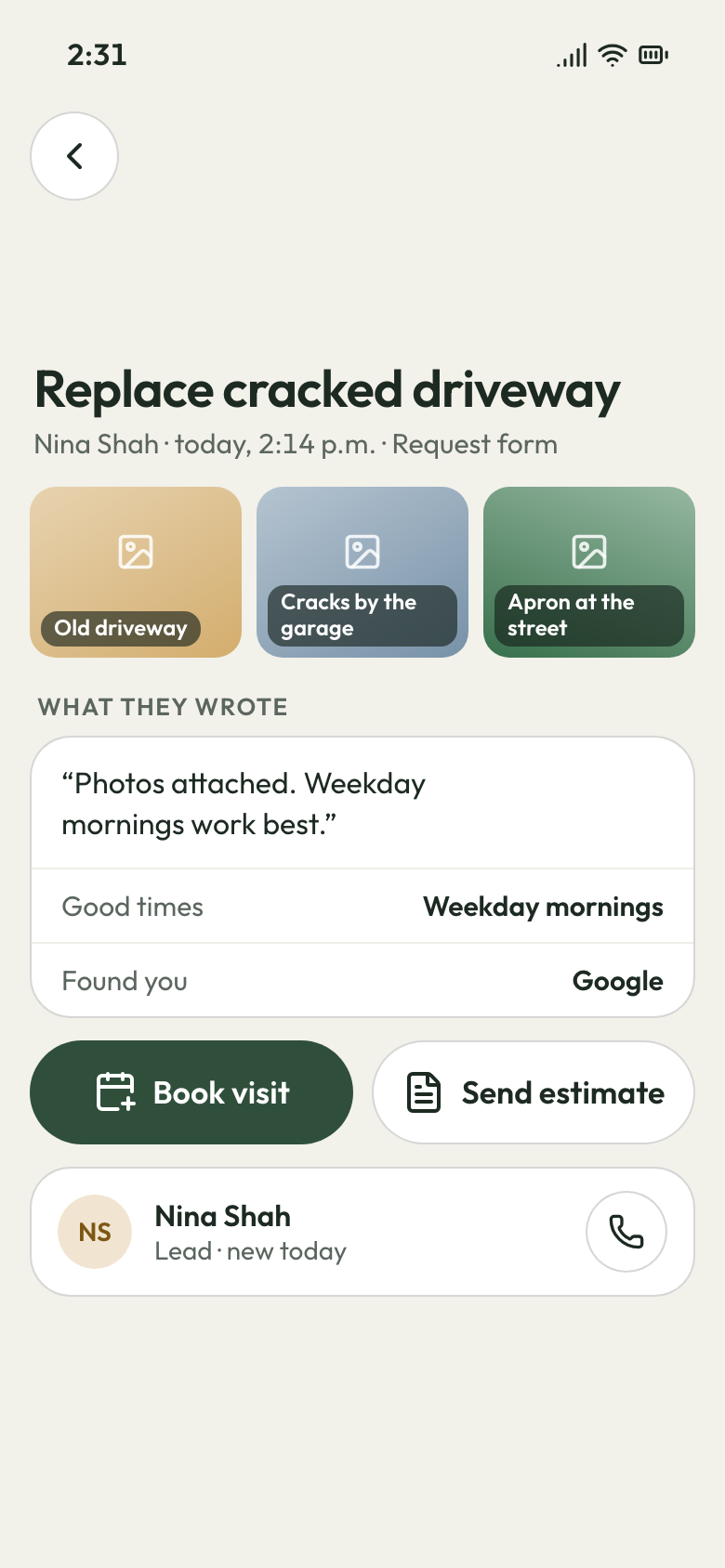 Phone app showing a cracked-driveway request with the customer's three photos, her note and a Book visit button