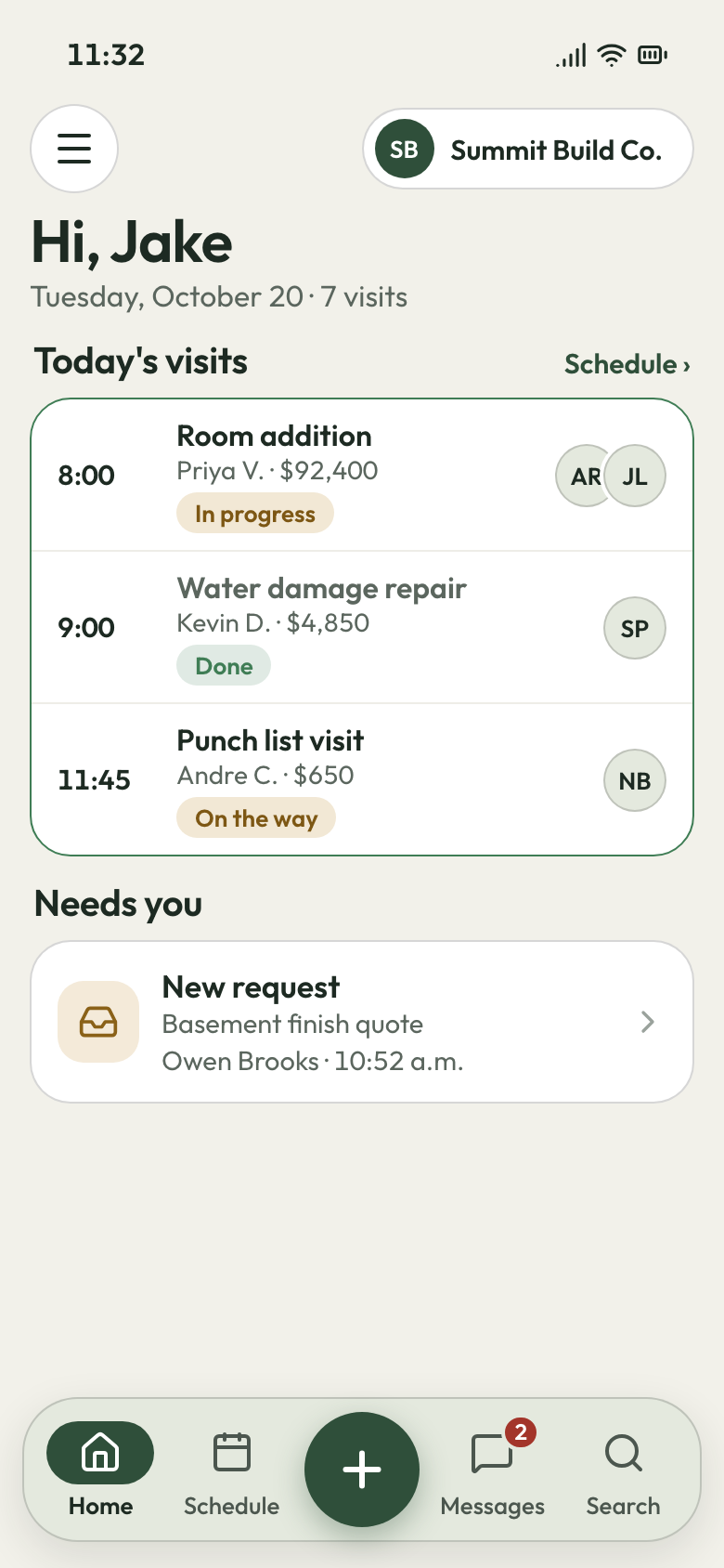Summit Build Co. app on a phone: room addition under way, water damage repair done, punch list visit next