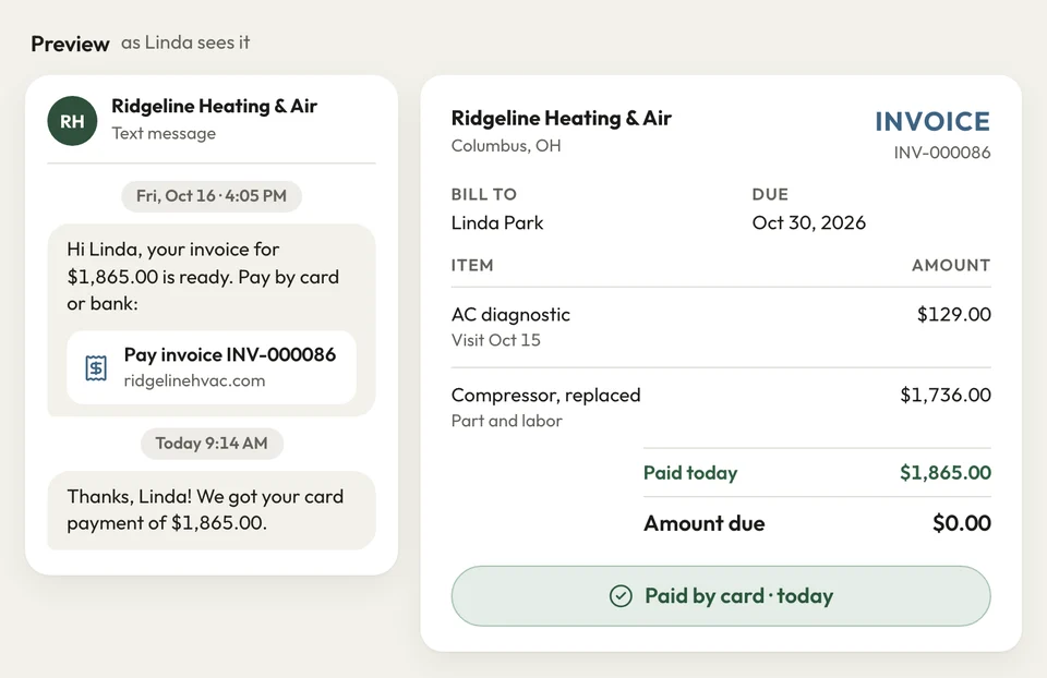 A text with a pay link beside the customer's $1,865 invoice, now marked Paid by card · today