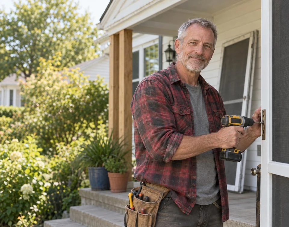 Handyman on a customer's front porch, fixing their screen door