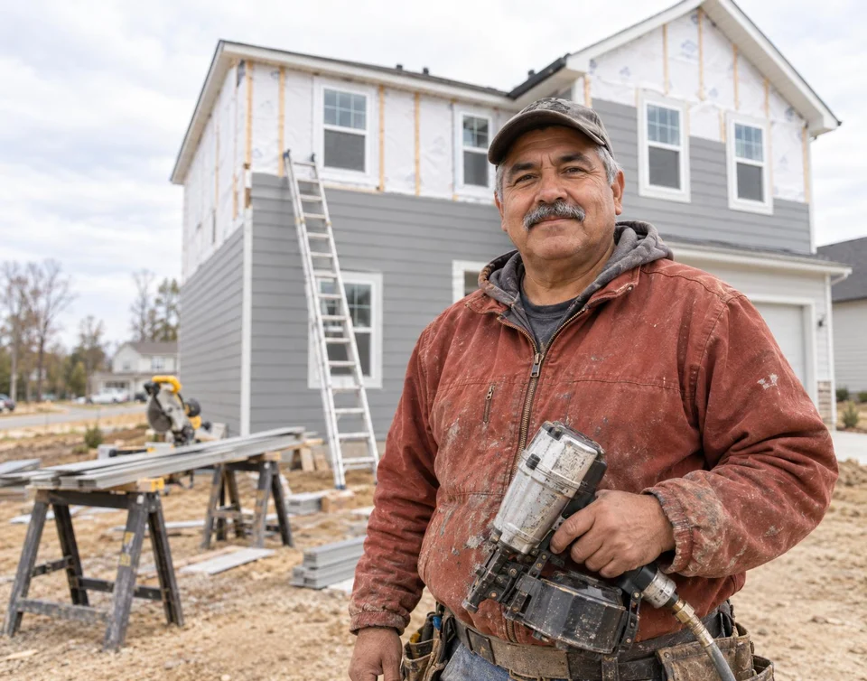 Siding contractor in front of a house with new grey siding going up