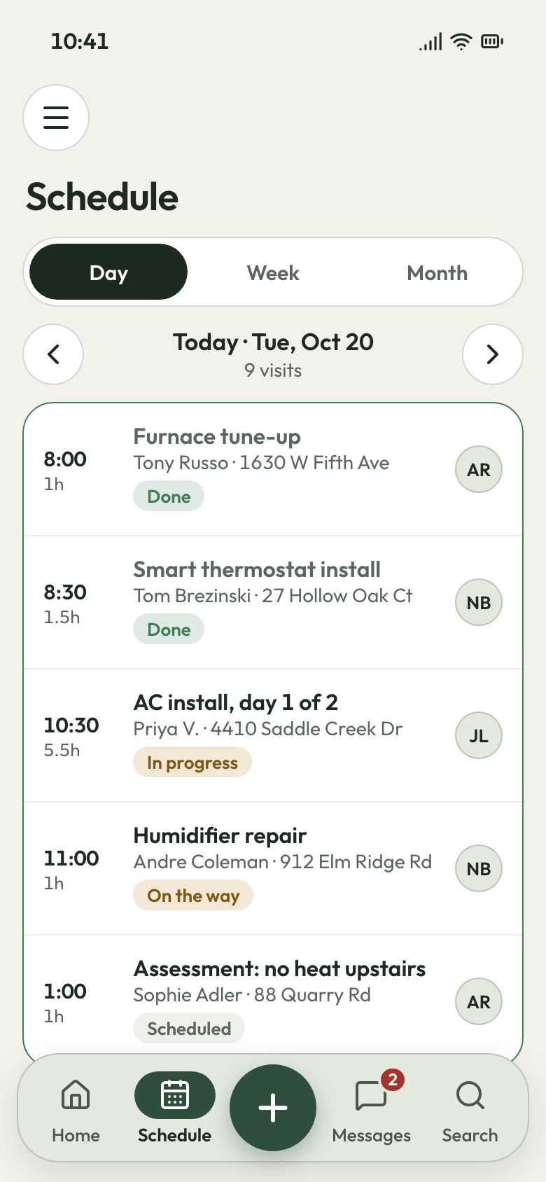 Owner's phone showing today's visits with times, crew and status tags: Done, In progress, On the way, Scheduled.