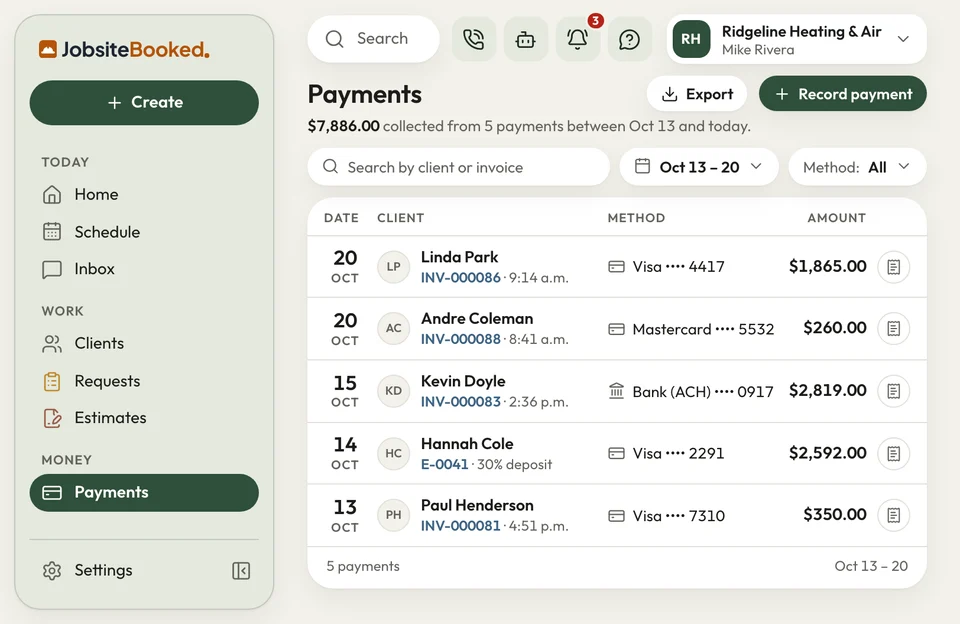 JobsiteBooked Payments list: five client payments this week by card and bank, including a 30% remodel deposit
