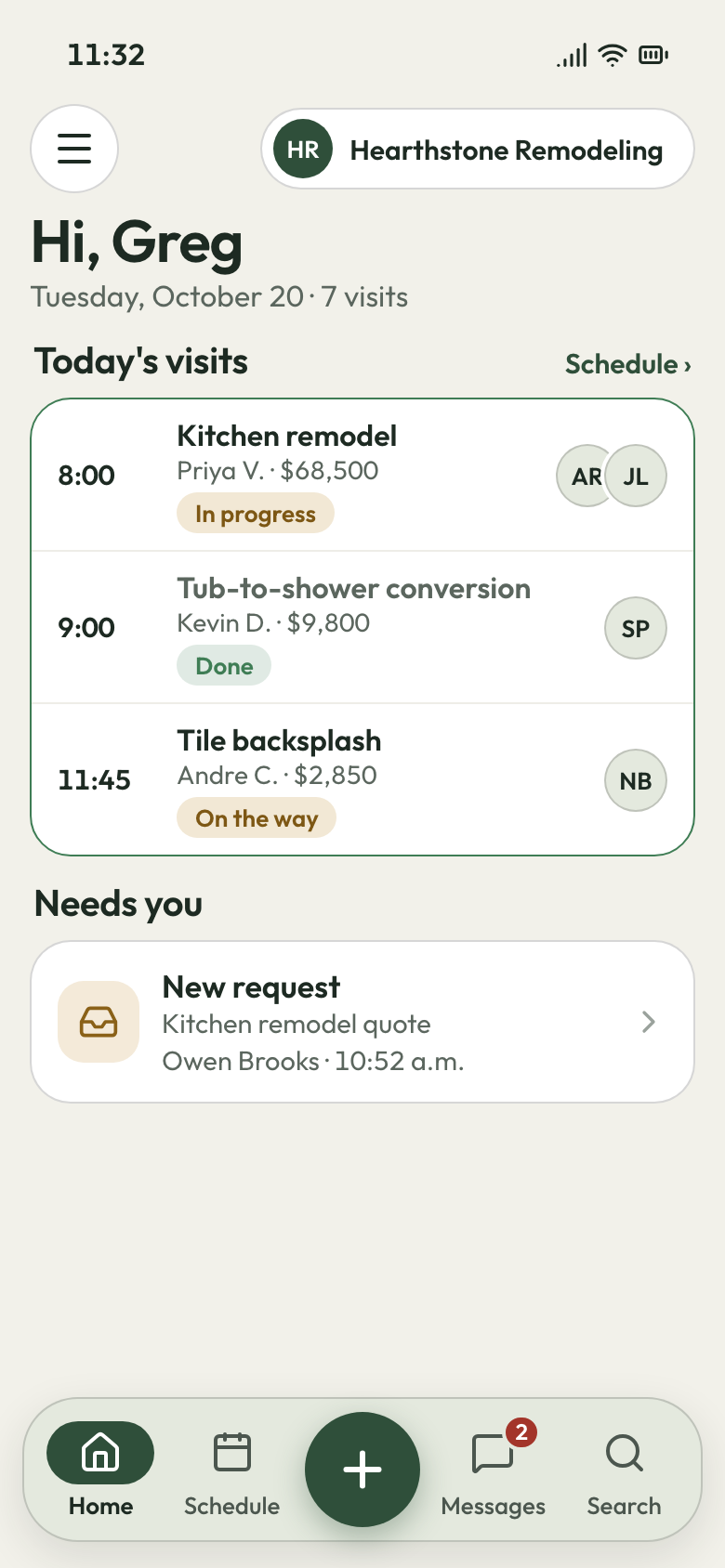 Hearthstone Remodeling app on a phone: kitchen remodel under way, tub-to-shower conversion done, tile backsplash next