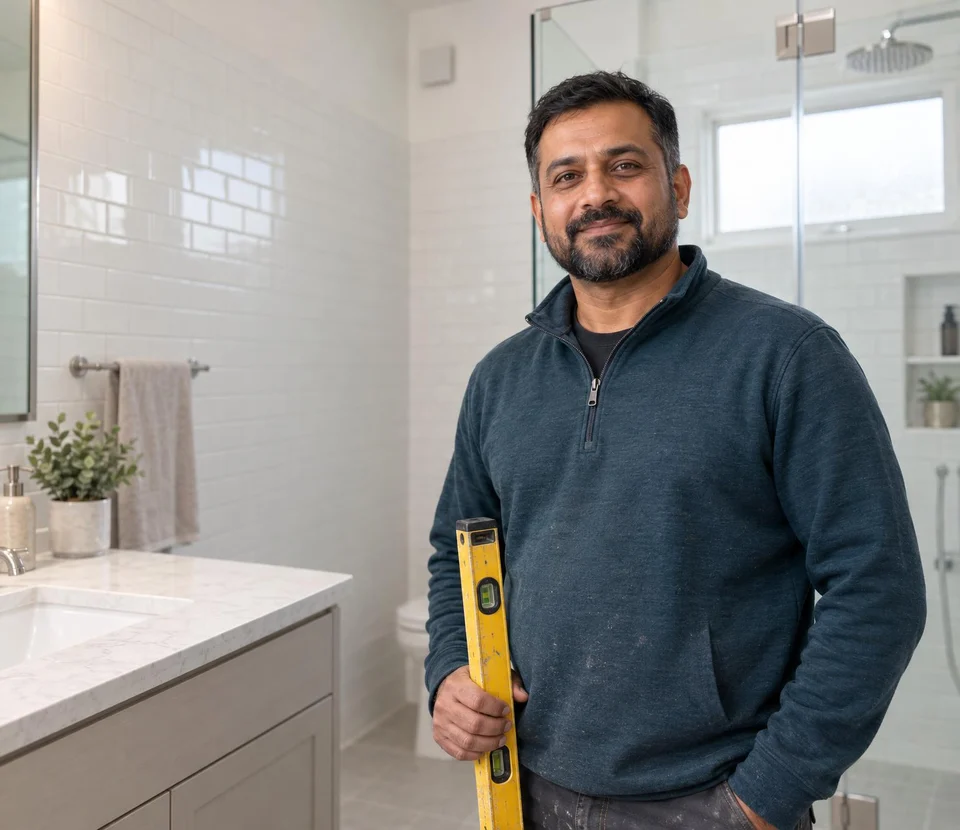 Kitchen and bath remodeler in a bathroom he just finished