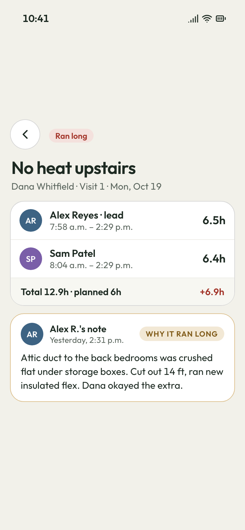 Phone app visit marked Ran long: each tech's clock-in hours, total vs planned, and the crew lead's note on why
