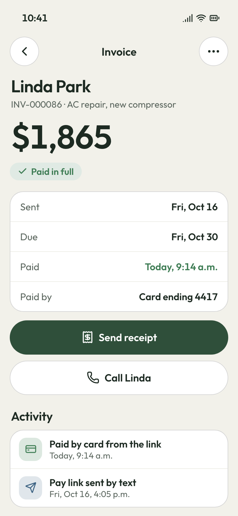 Phone showing a $1,865 invoice marked Paid in full, paid by card from a texted pay link this morning.