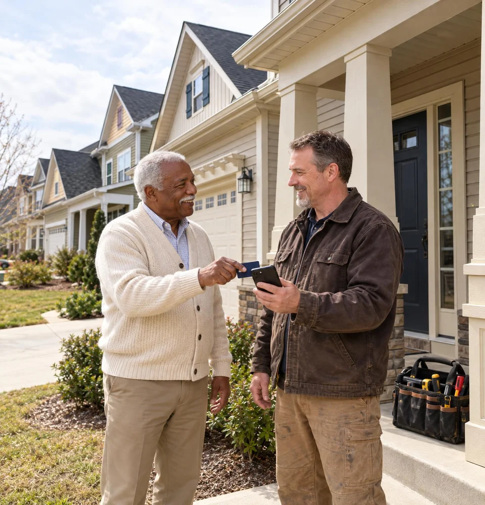 Homeowner paying his invoice by tapping his card on the contractor's phone on the front porch