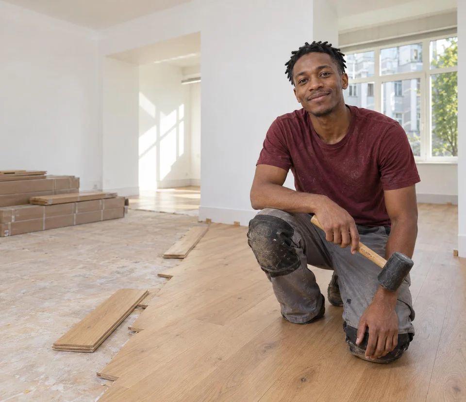 Flooring installer kneeling on a half-laid oak floor in an empty living room