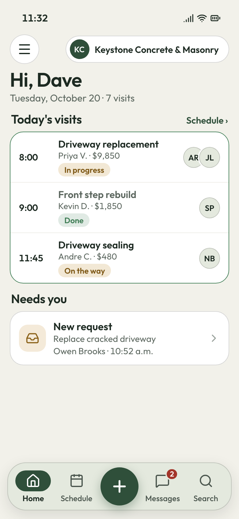 Keystone Concrete & Masonry app on a phone: driveway replacement under way, front step rebuild done, driveway sealing next