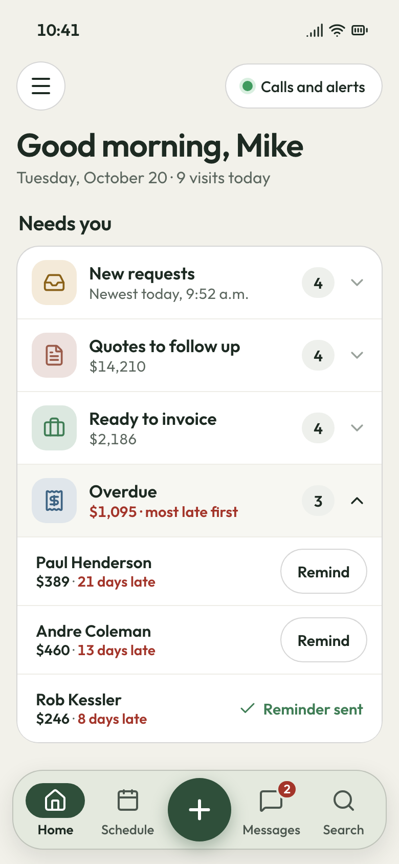 Owner's phone listing overdue invoices by days late, with Remind buttons and one reminder already sent.