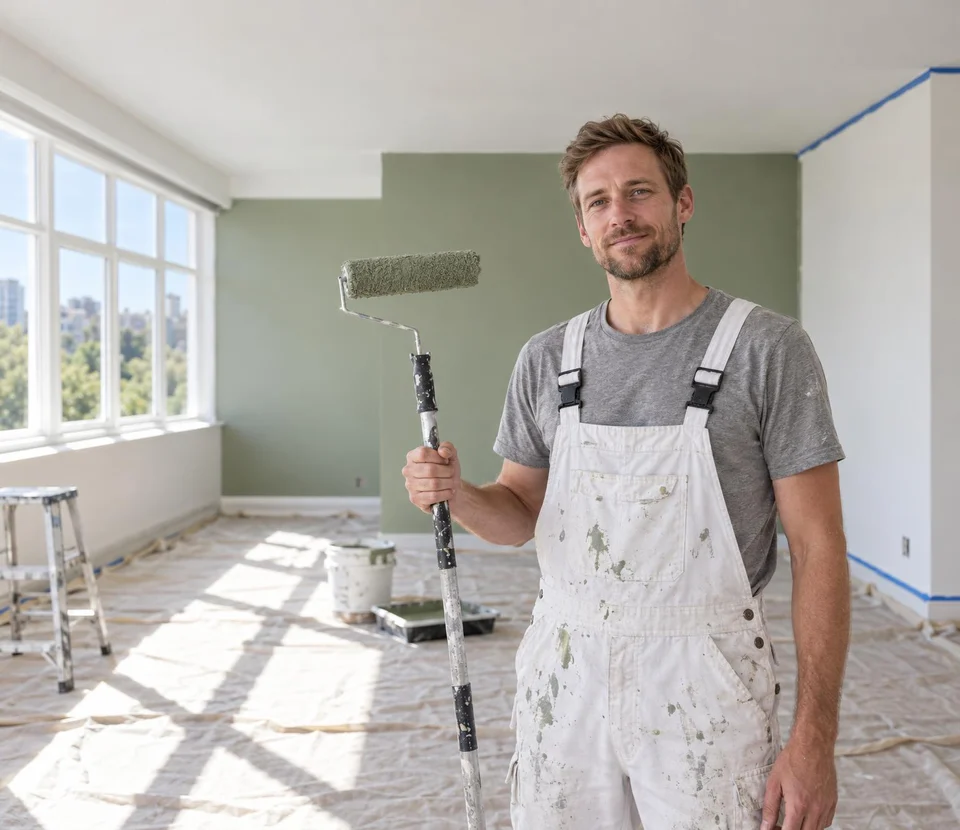 Painter holding a roller in a living room halfway through a new coat