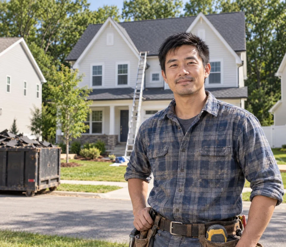 Roofer in a front yard below a house with a newly finished roof