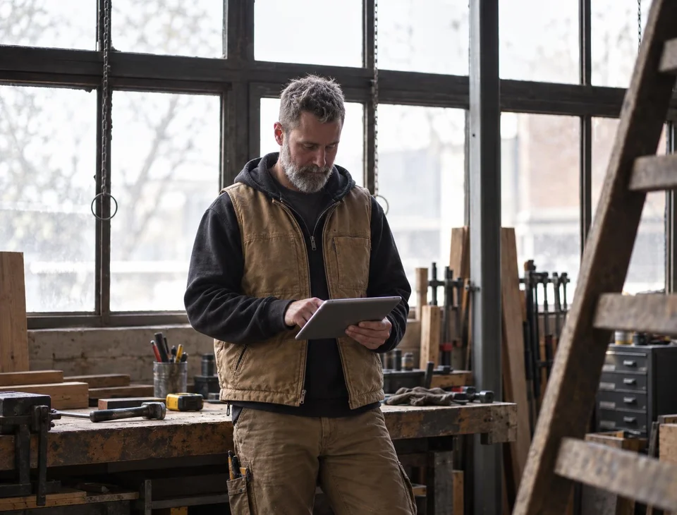 Contractor checking the day's jobs on a tablet in the workshop before heading out