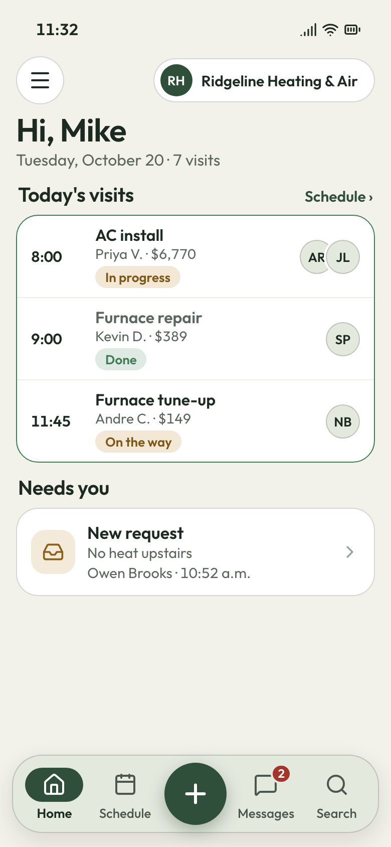 Ridgeline Heating & Air app on a phone: AC install under way, furnace repair done, furnace tune-up next