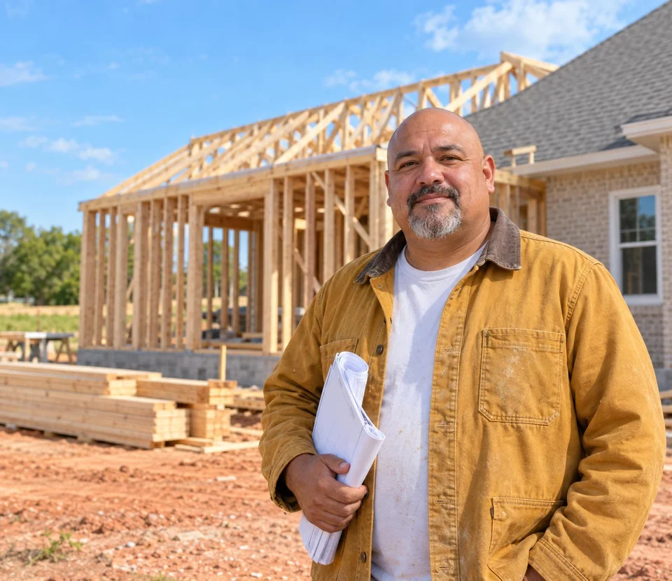 General contractor on a home addition with fresh wall framing behind him