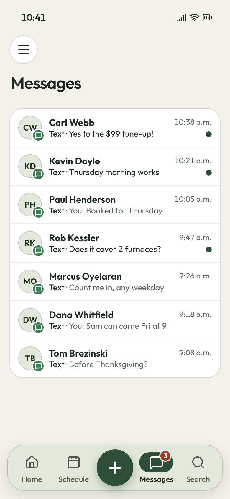 Phone Messages list full of customers texting back about the $99 furnace tune-up offer, two answered by the owner