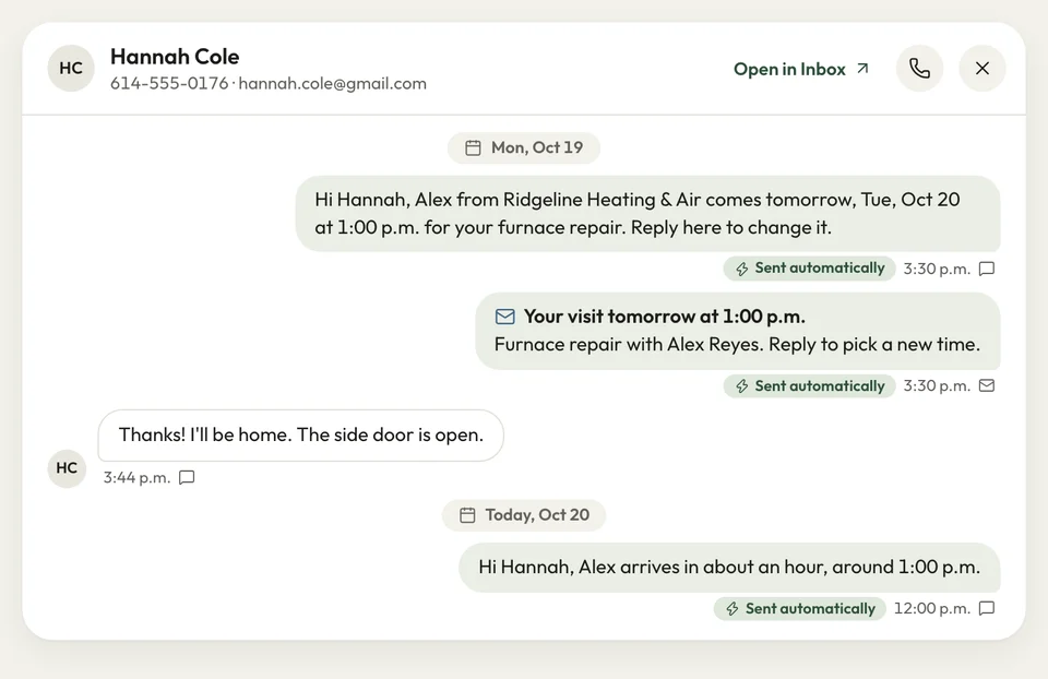 One customer's thread: the automatic reminder text and email the day before, her reply, and the text an hour before