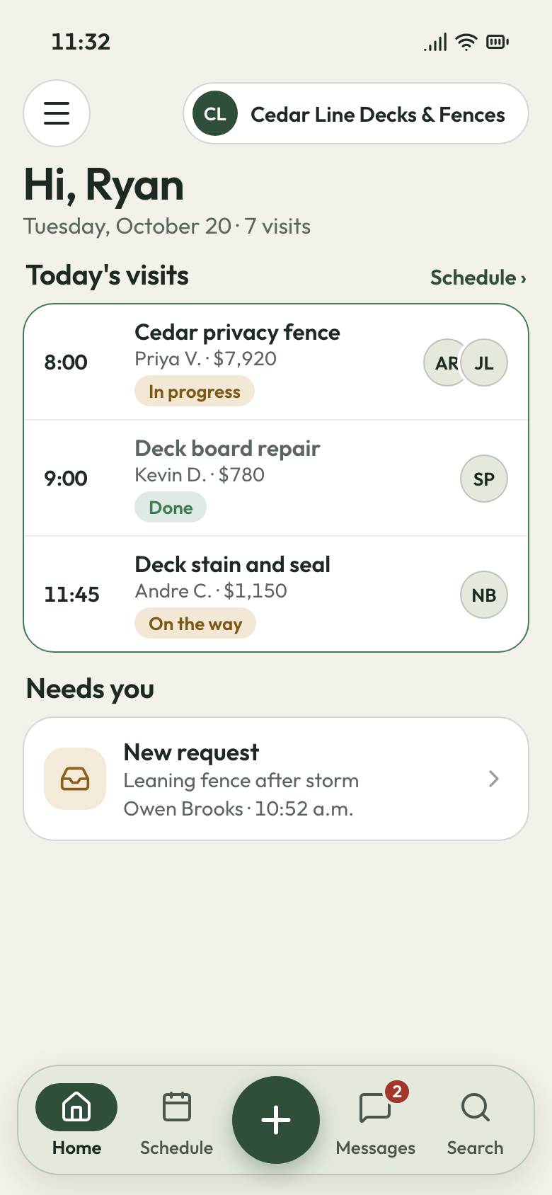 Cedar Line Decks & Fences app on a phone: cedar privacy fence under way, deck board repair done, deck stain and seal next