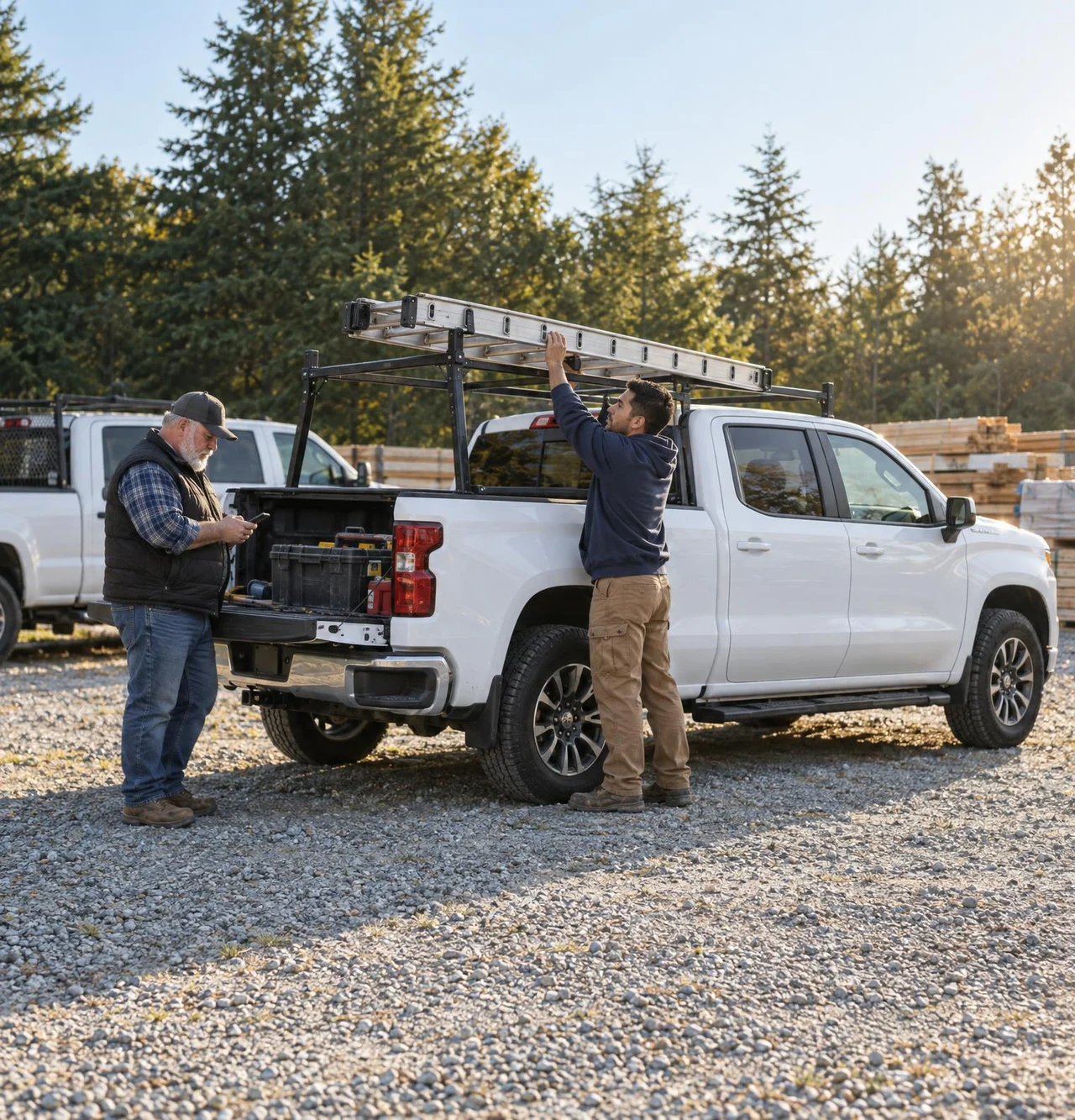 Two crew members by a pickup at the start of the day, one loading a ladder, one checking the day's jobs
