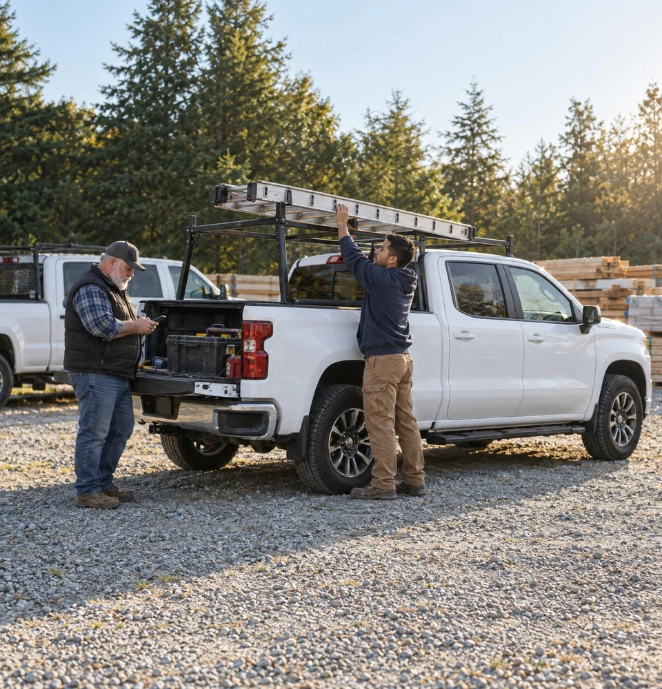 Two crew members by a pickup at the start of the day, one loading a ladder, one checking the day's jobs